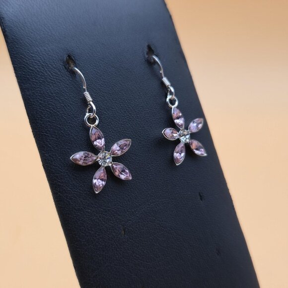 Sterling Silver Crystal Flower Dangle Earrings A5766 - Picture 2 of 5